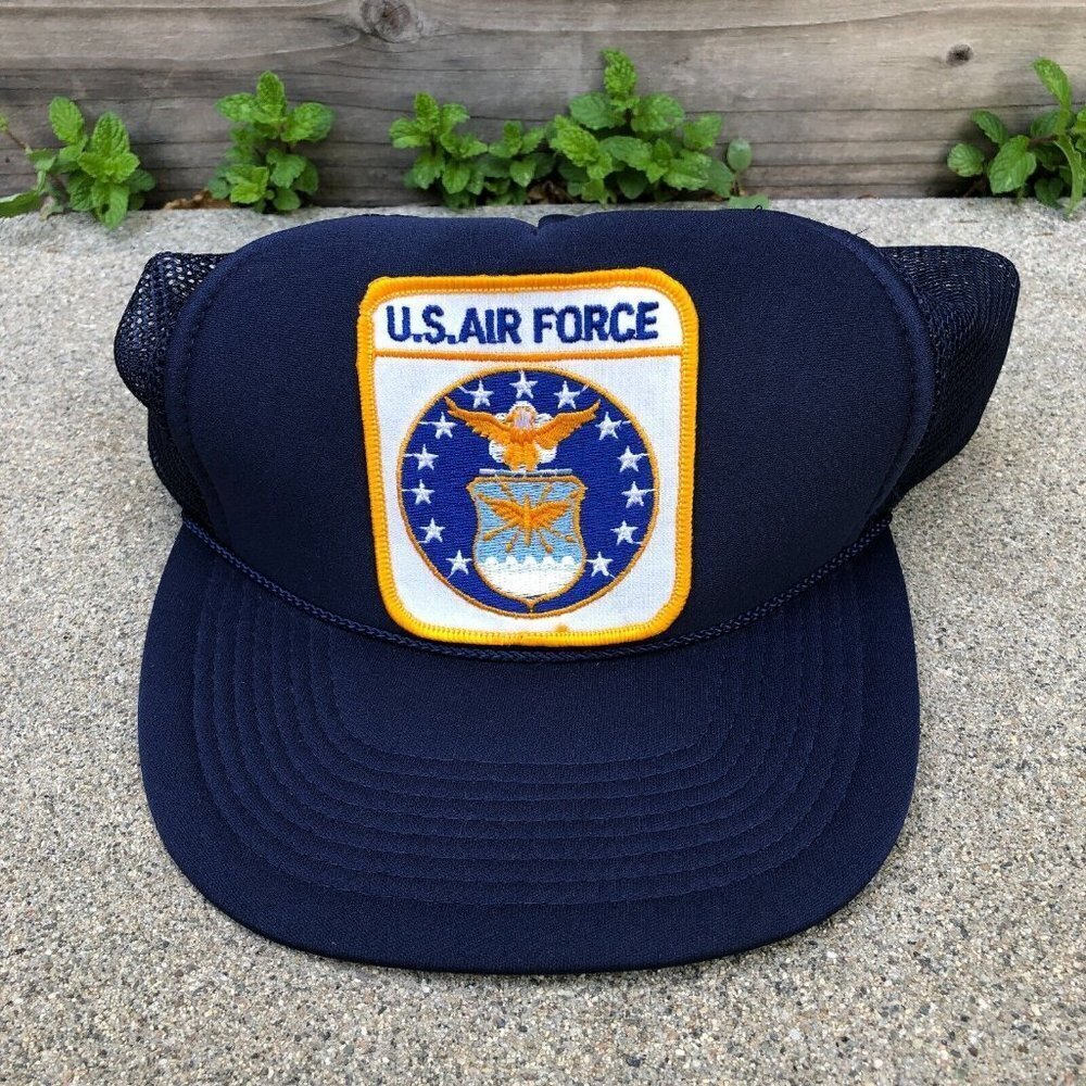 Vintage 90s Cameo U.S. AIR FORCE Trucker Hat Men's One Size Snapback Blue Cap‌